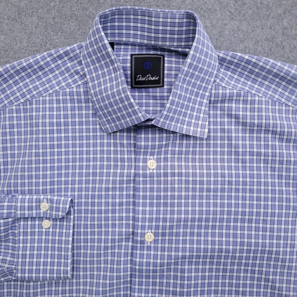 David Donahue Dress Shirt Mens 15.5 34/35 Blue White Check Relaxed Fit